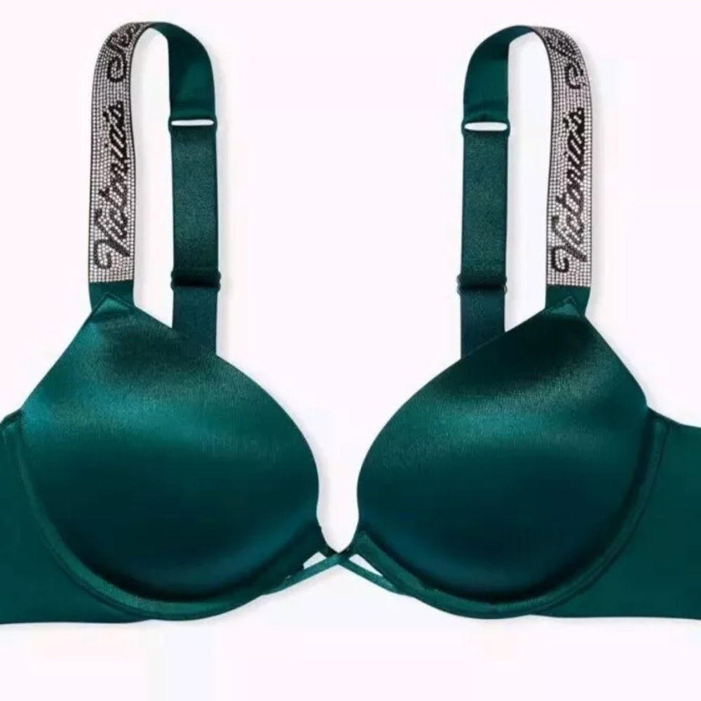 Victoria’s Secret bombshell Dark green rhinestone straps padded Demi Bra Sz 32 B